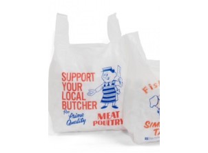 White Polythene Vest Carrier (Printed "Butcher")