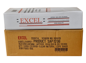 152 x 260 x 465mm Excel 1208 Clear Food Grade LDPE Satchel Bread Bags in Printed Carton Dispensers EQ100 - PERFORATED